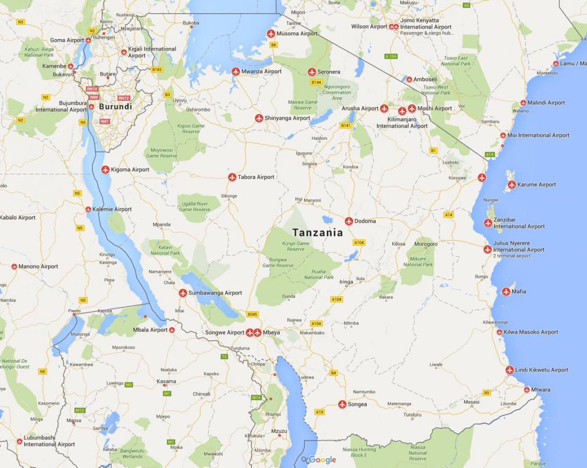 Kaart van tanzanië lughawens 