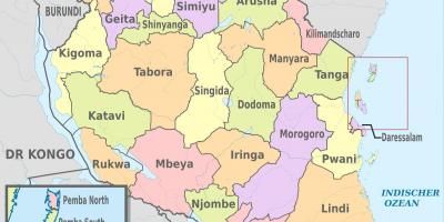 Kaart van tanzanië wat streke en distrikte