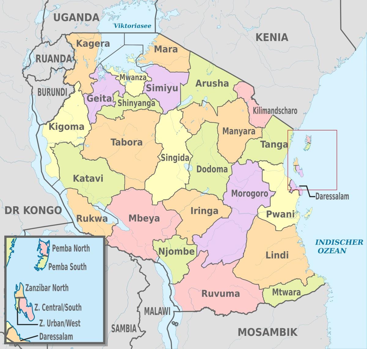 kaart van tanzanië wat streke en distrikte