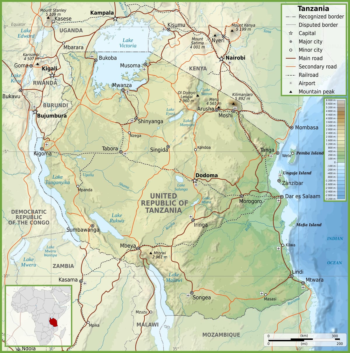Kaart van die pad tanzanië met afstande