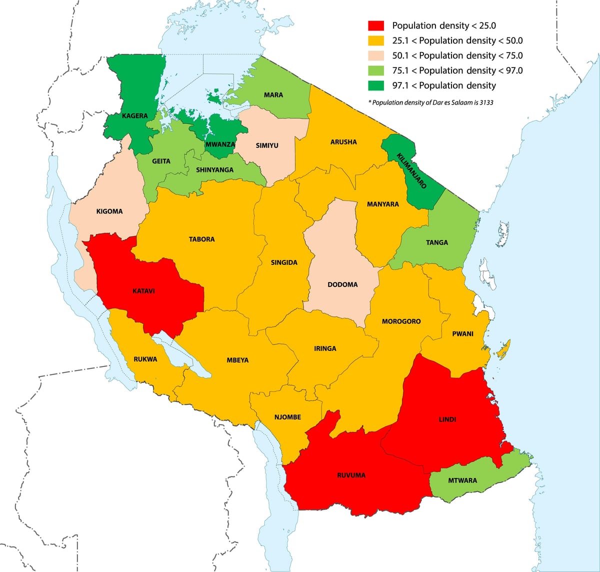 tanzanië bevolkingsdigtheid kaart
