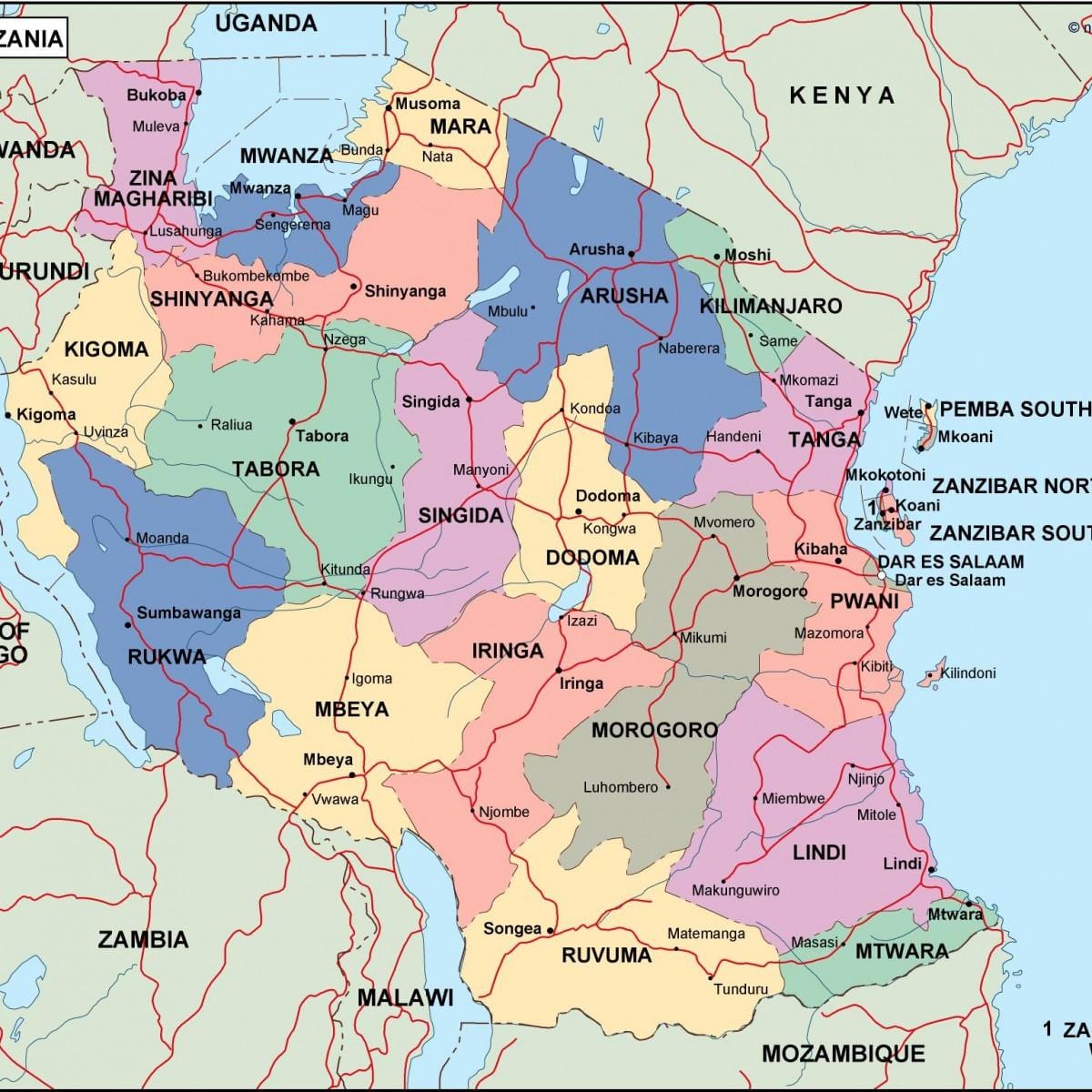 Kaart van tanzanië politieke