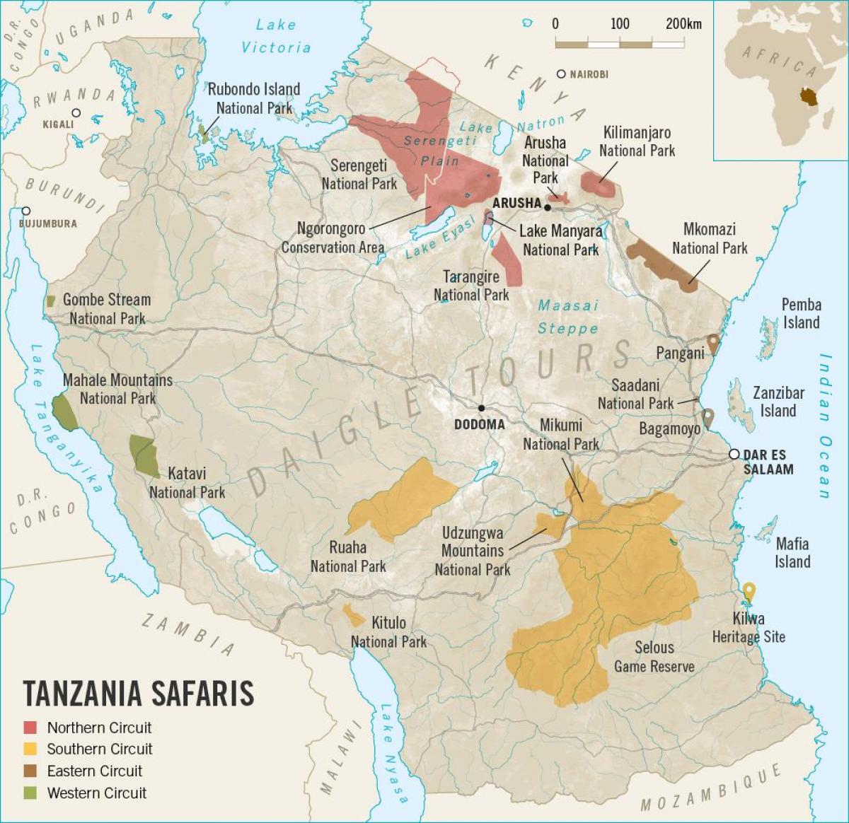 Kaart van tanzanië safari 